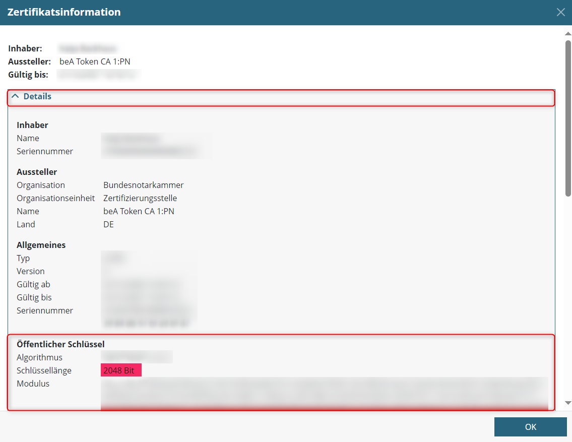 Zertifikatinformation mit Hinweis auf eine nicht mehr empfohlene Schlüssellänge