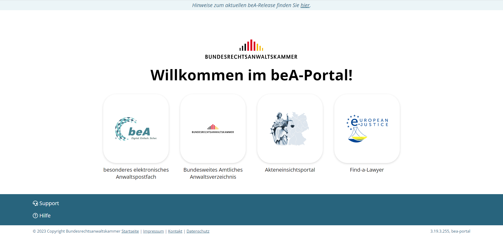 Ansicht des neuen beA-Portal mit Symbolen zu verlinkten Aufrufmöglichkeiten