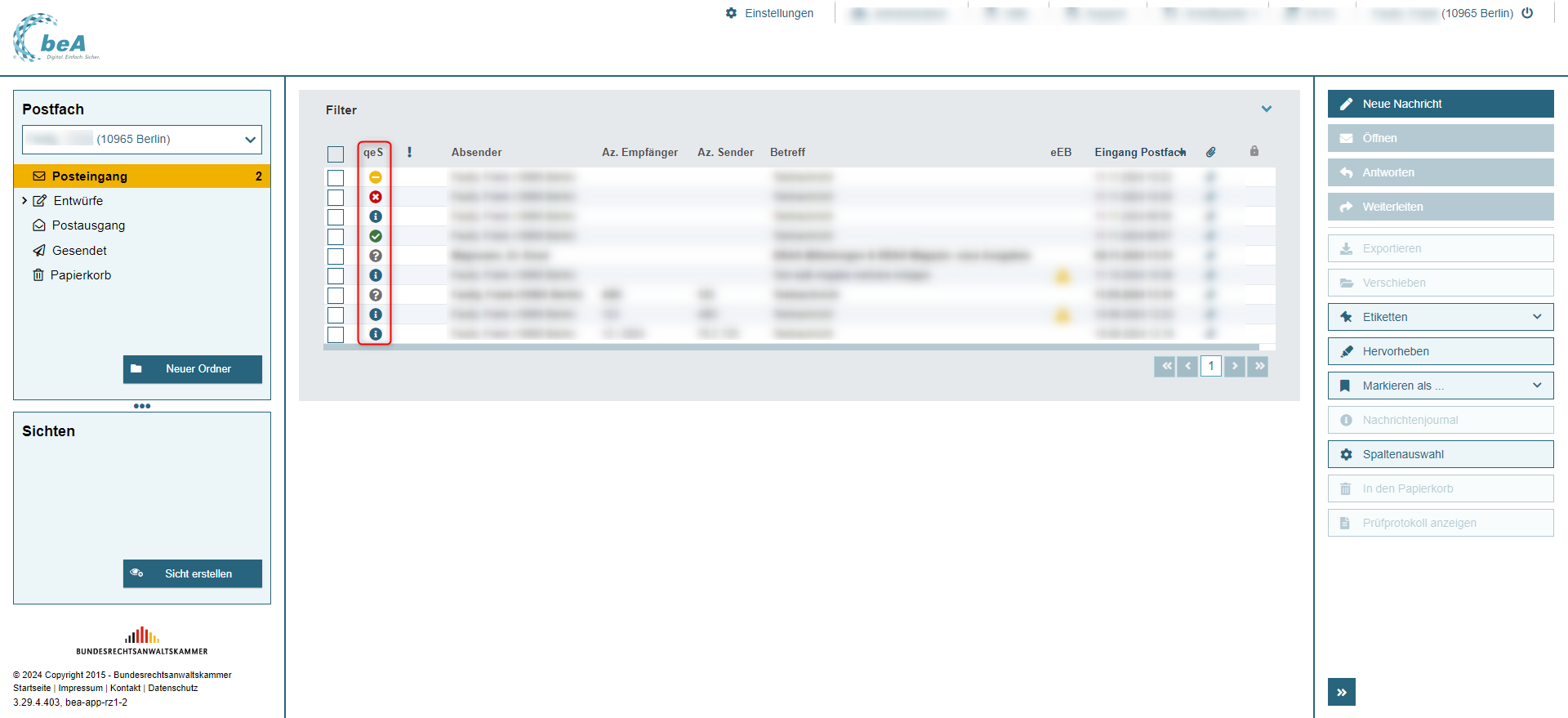 Ansicht der Nachrichtenübersicht im beA. Markierung der Spalte qeS zur Visualisierung des Signaturstatus